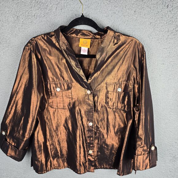 Ruby Rd Blouse Shirt Womens 18 Brown Metallic Button Up Roll Tab Sleeve Pockets - Picture 14 of 14